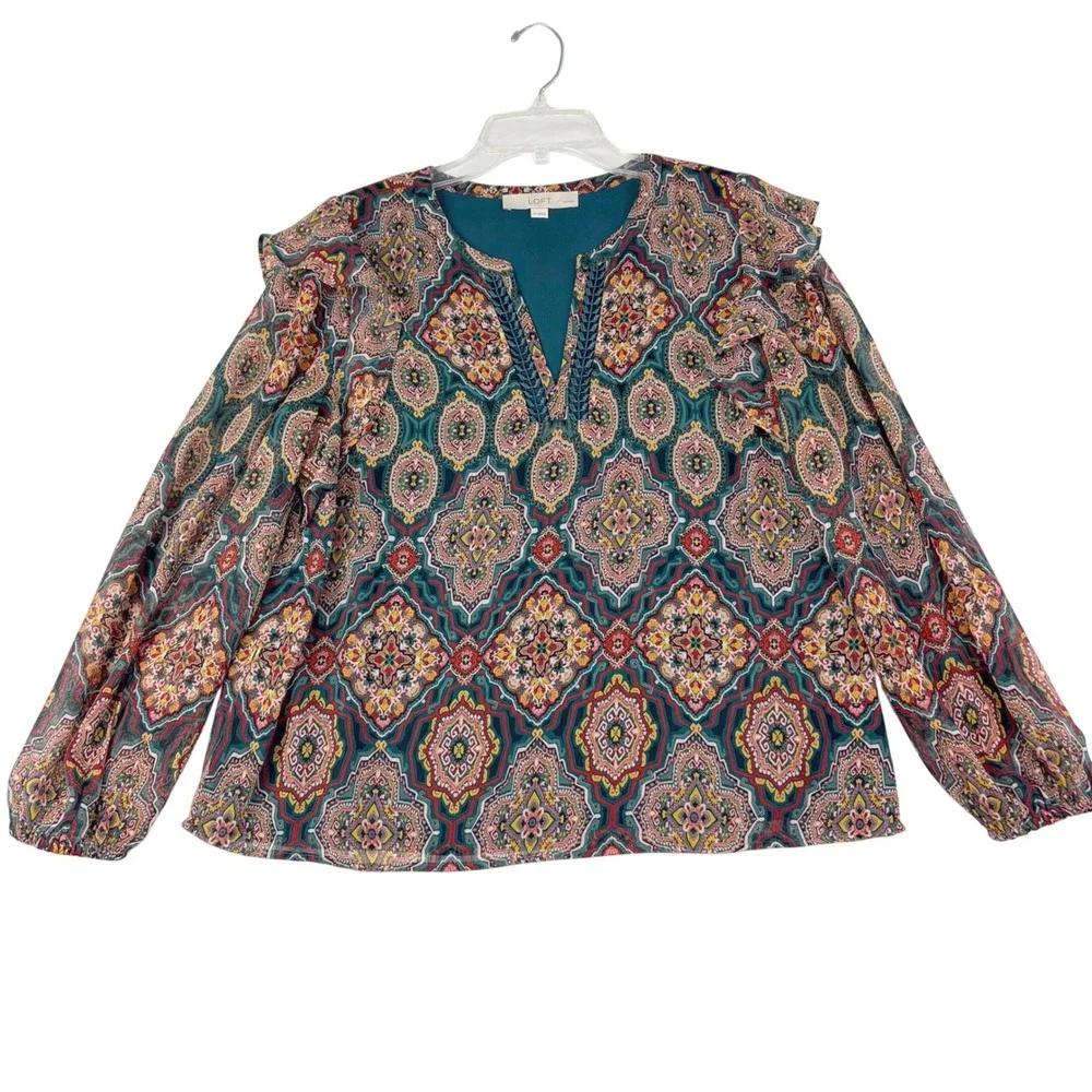 Loft M Petite Colorful Geometric Medallion Split Neck Blouse Boho Career Ruffle